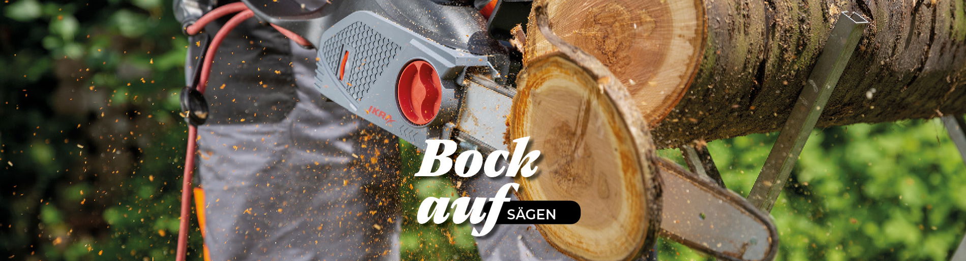 Mann am Sägebock sägt mit einer ikra Kettensäge eine Baumscheibe ab